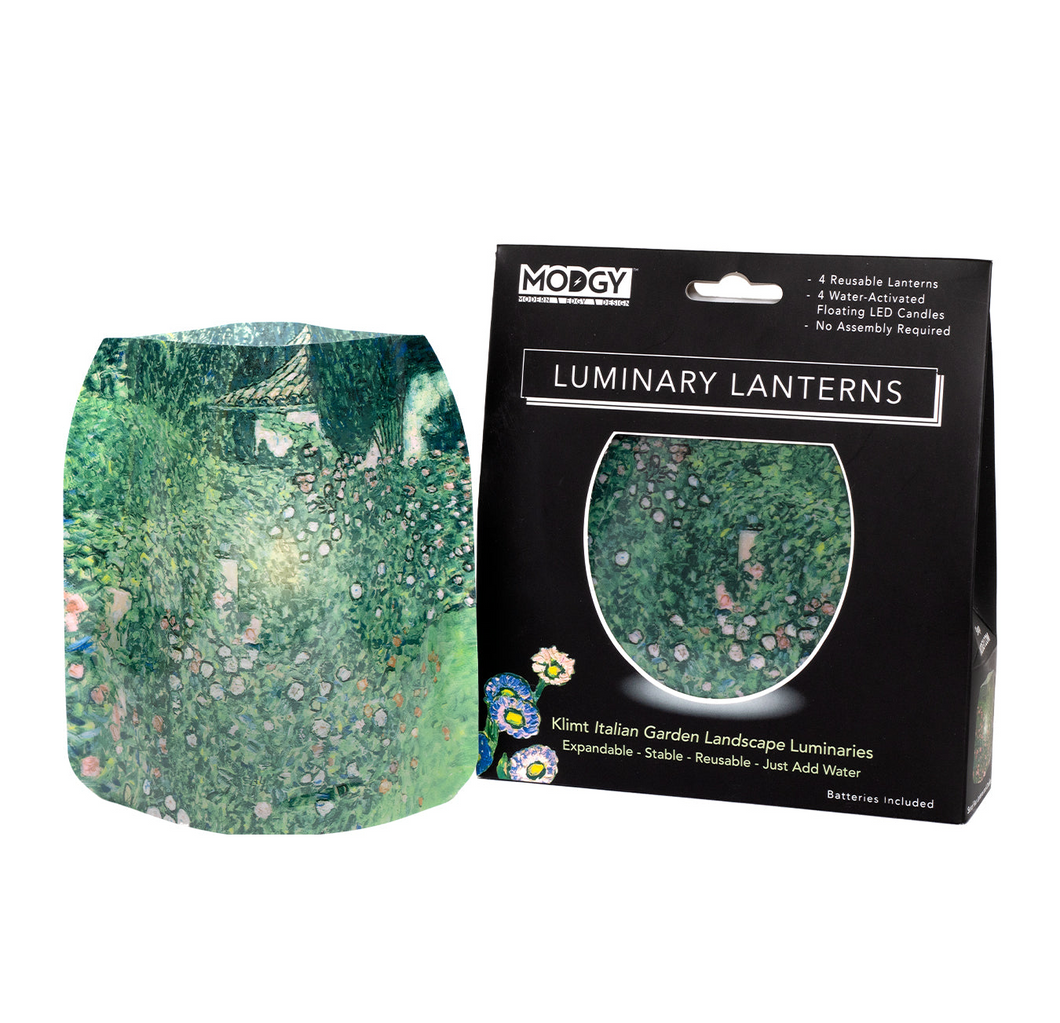 Photo of the “Italian Garden Landscape” Luminary Lantern, next to it in its retail packaging.