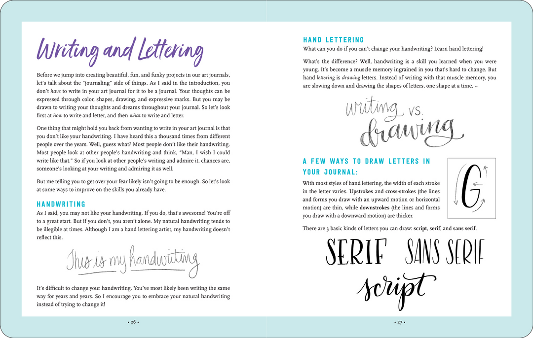 Sample page of Art Journaling book, the writing and lettering page.
