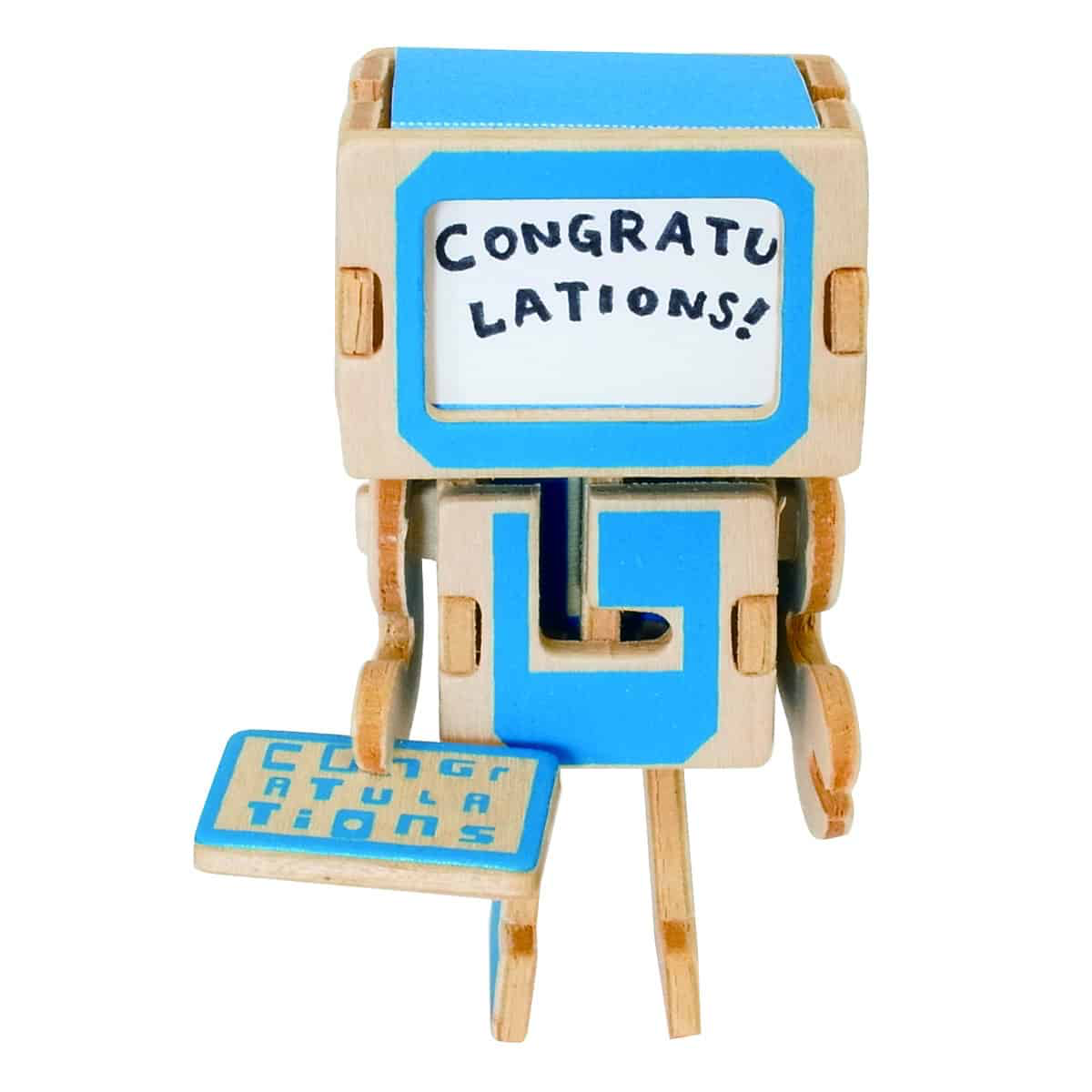 Back version of “PLAY-DECO Wooden Greeting Card” saying Congratulations.