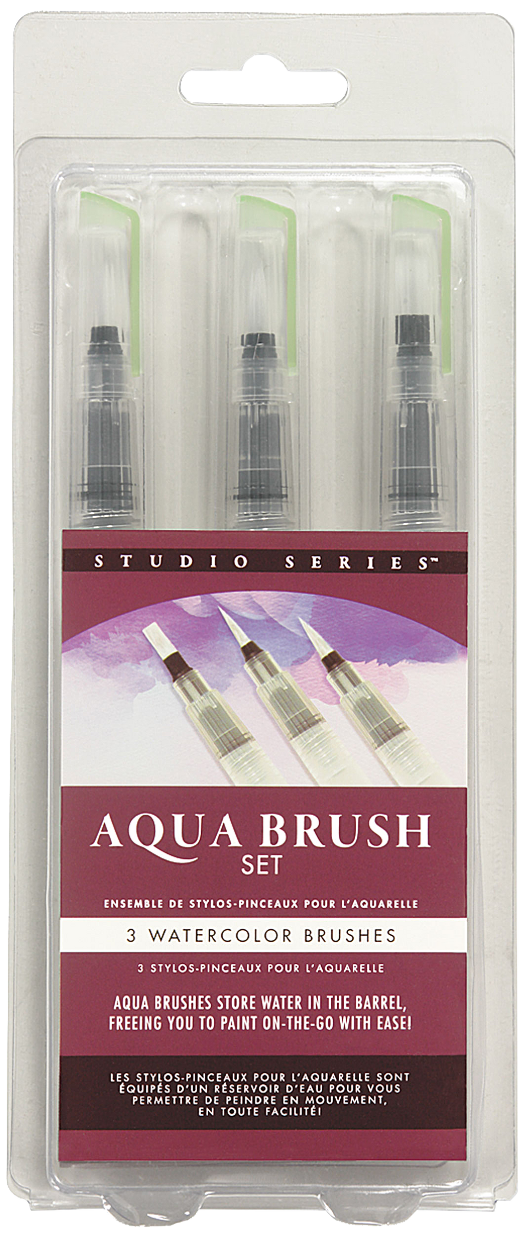 The STUDIO SERIES Aqua Brushes in their retail packaging.