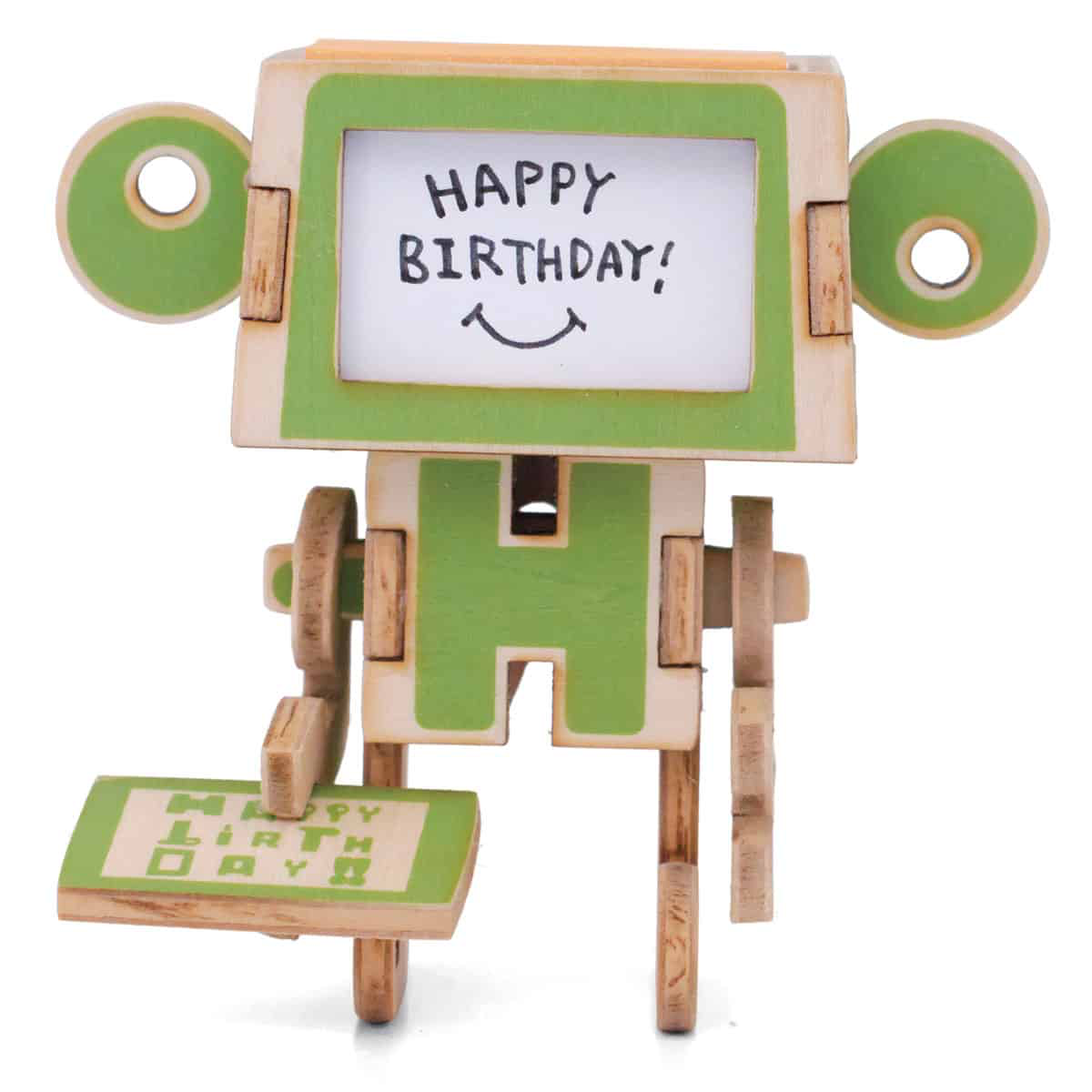 Back image from “PLAY-DECO Wooden Greeting Card” reading Happy Birthday.