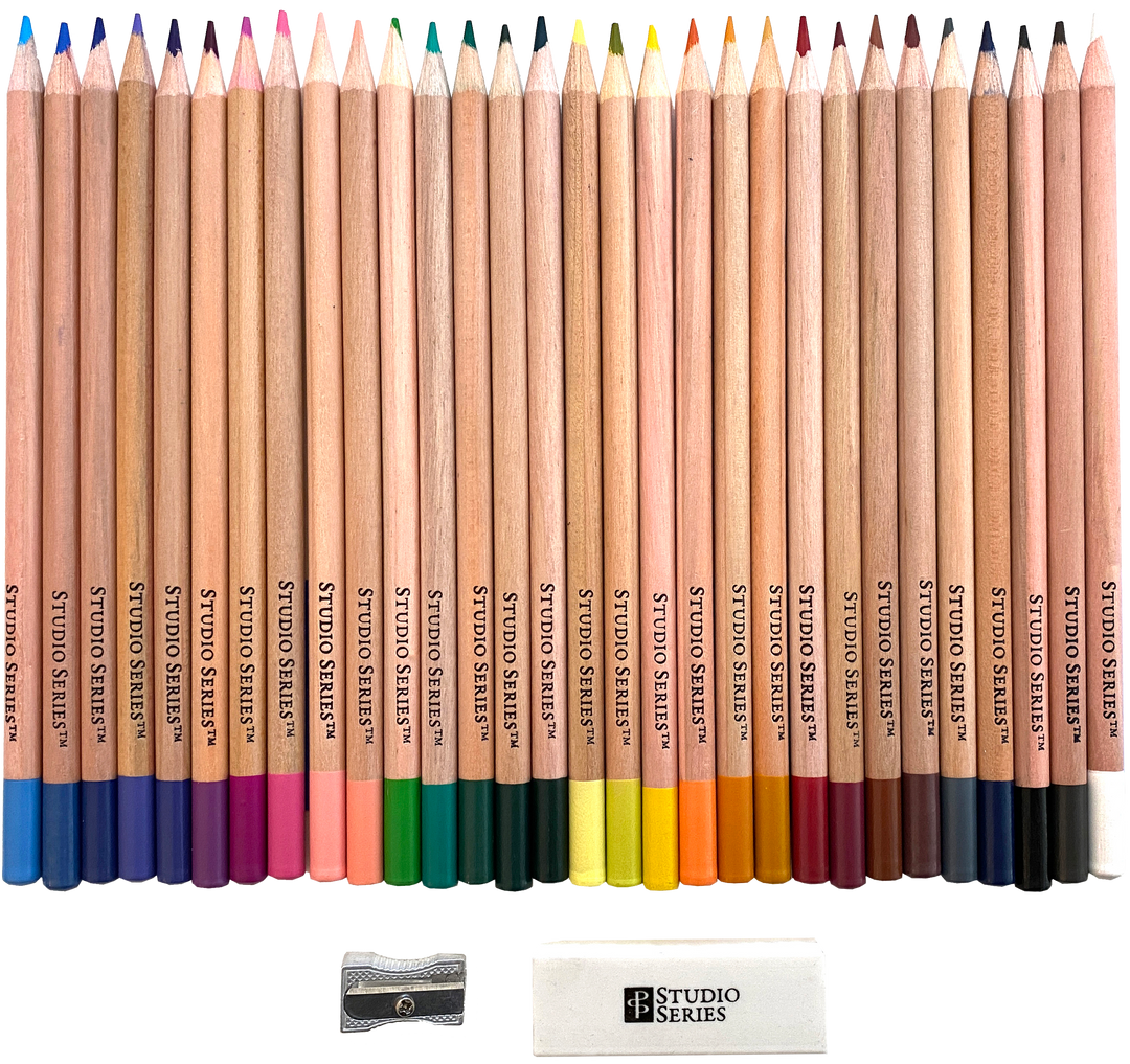 The materials included in the STUDIO SERIES Colored Pencil Set.