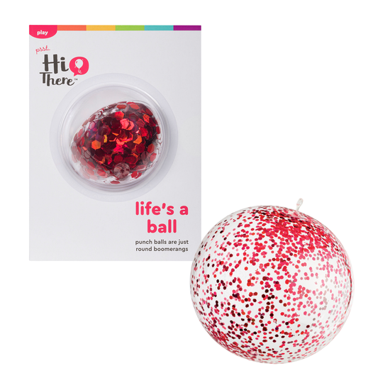 Photo of the “Life’s A Ball” punch balls, next to its retail packaging, on a white background.