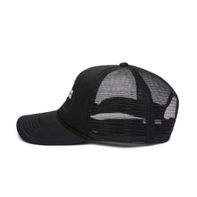 Load image into Gallery viewer, Native Land black trucker hat side view.
