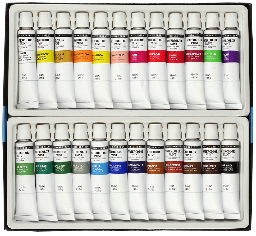 A view of the color tubes included in the STUDIO SERIES Artist’s Watercolor Paint Set.