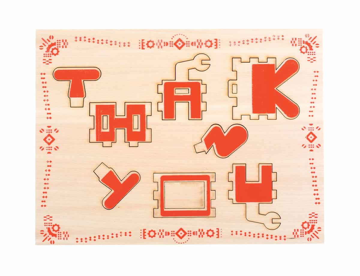 Image of perforated wooden Thank You greeting card.