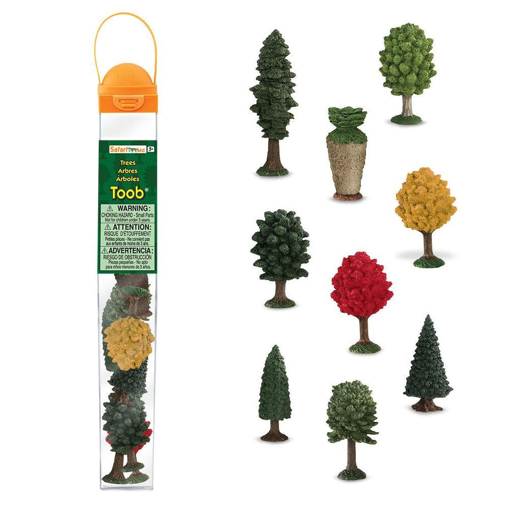 Photos of the “Trees” TOOB, next to the figures included, on a white background.