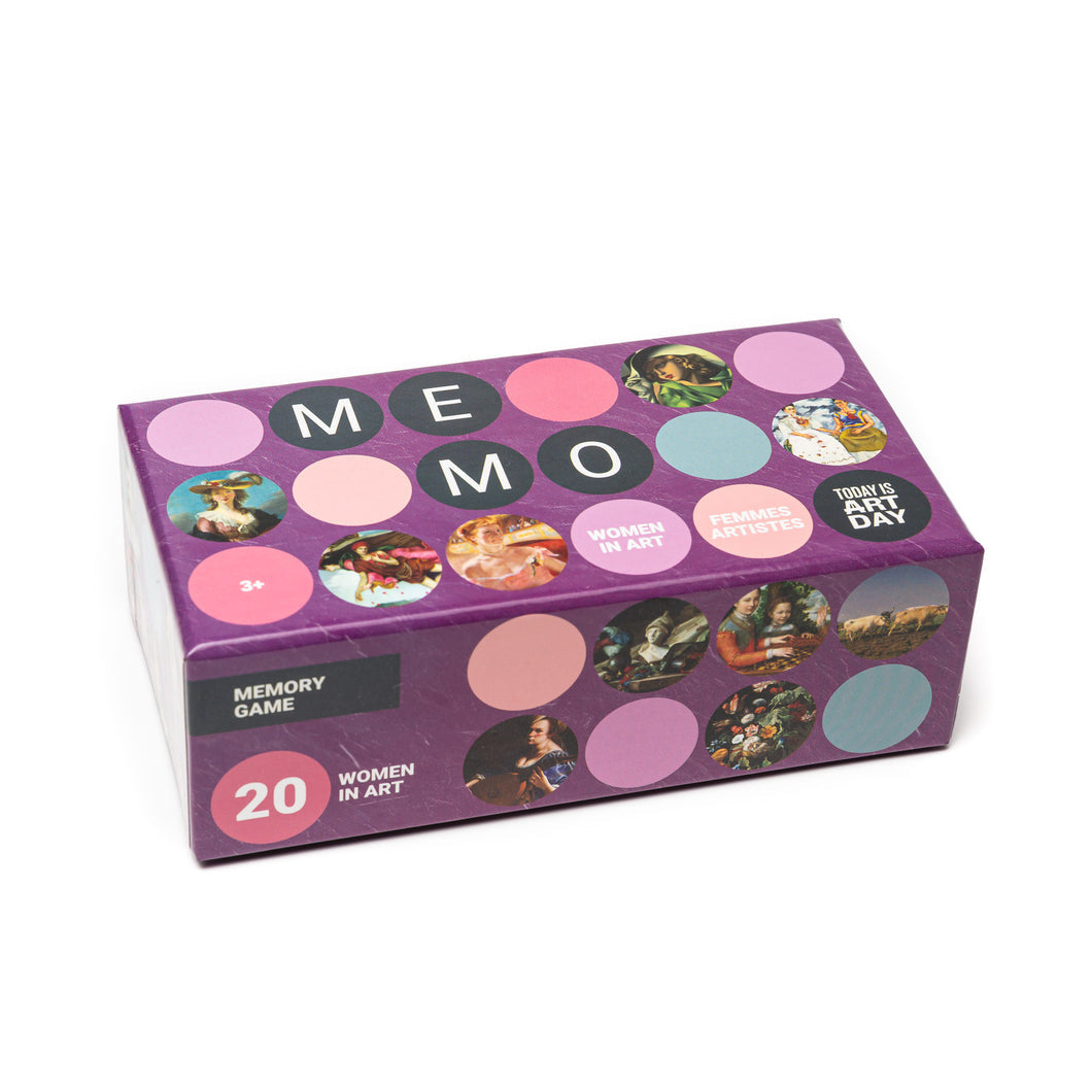 Photo of the “20 Women in Art” Memory Game retail packaging.