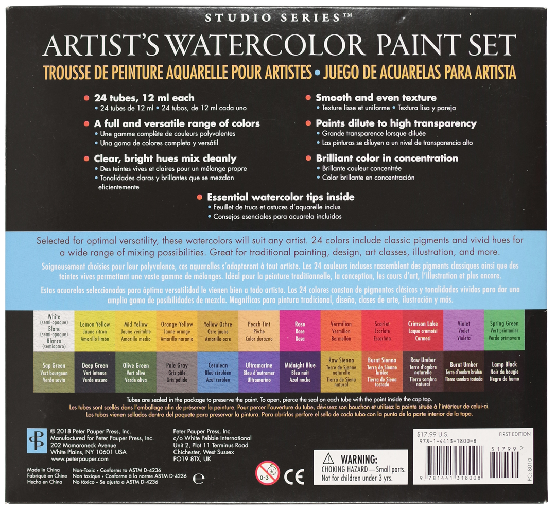 The back of the box packaging for the STUDIO SERIES Artist’s Watercolor Paint Set.
