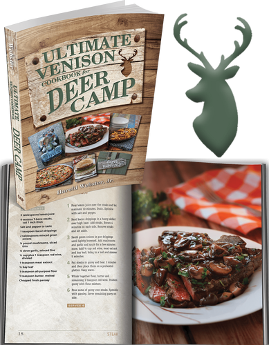 Cover and sample photo of The Ultimate Venison Cookbook for Deer Camp.