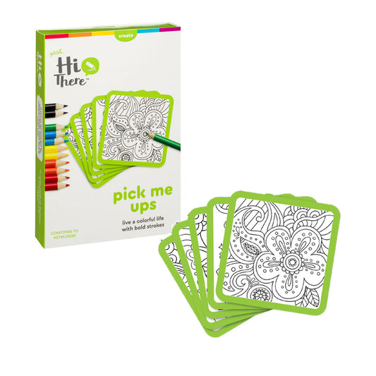 Photo of the “Pick Me Ups” Coloring Cards, next to its box packaging, on a white background.