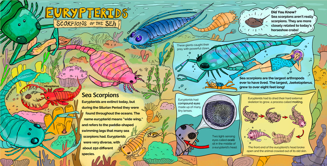 Example image of the Eurypterids spread pages from “Silurian Journey”. 