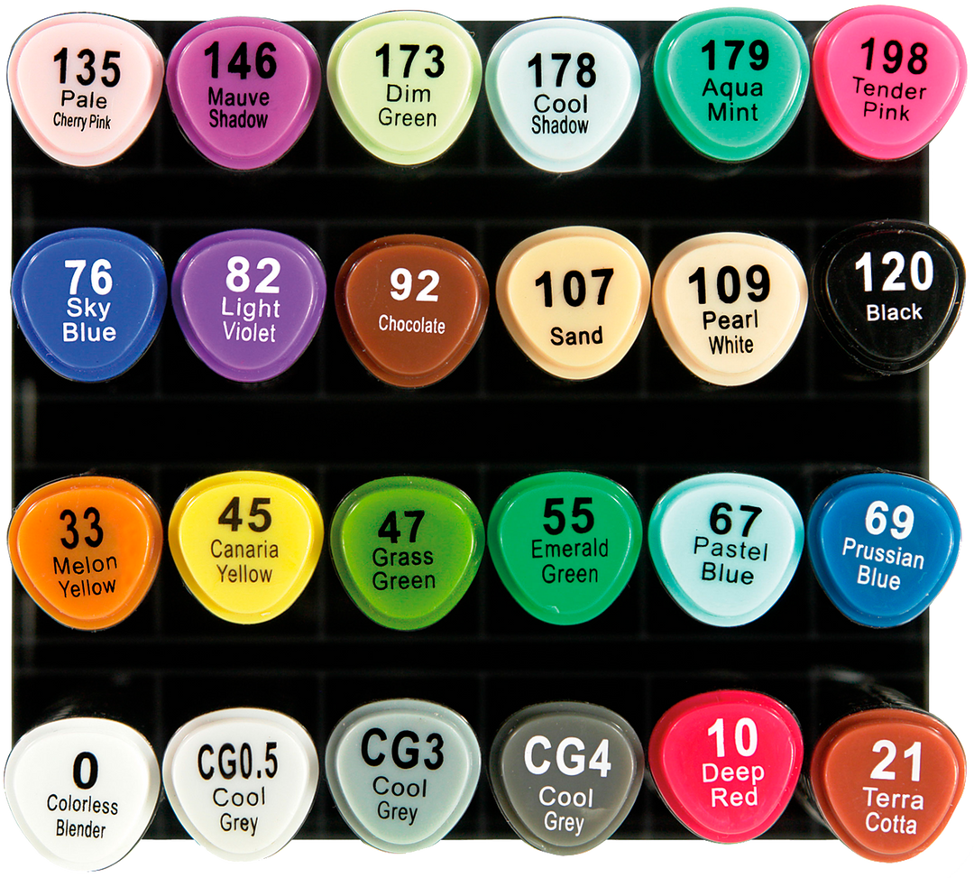 View of the tops of the markers, showing their colors and color codes, from the Studio Series Professional Alcohol Markers Set.