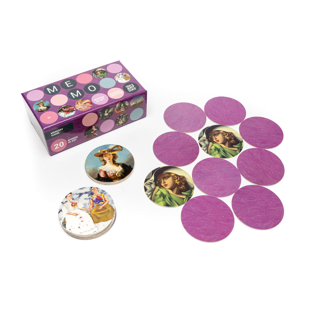 Photo of the “20 Women in Art” Memory Game, in its packaging, next to game pieces.