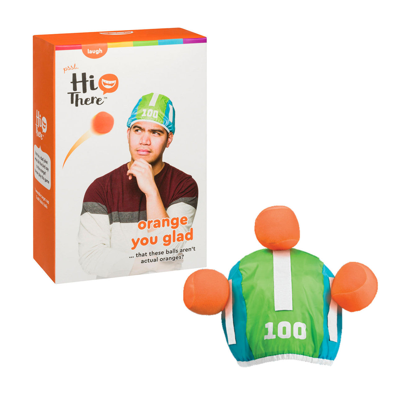 Photo of the “Orange You Glad” Wearable Target Hat, next to its box packaging, on a white background.